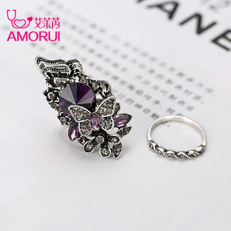 AMORUI Vintage Silver Jewelry Antique Color Blue Purple Crystal Flower Butterfly Finger Ring For Women Wedding Set Rings