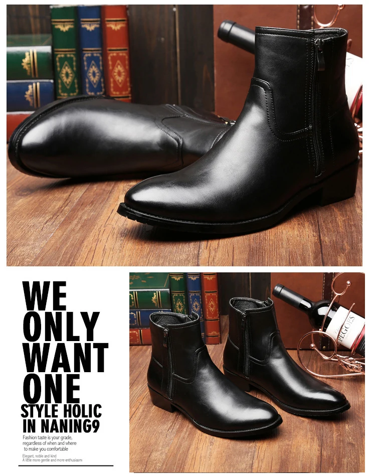 UPUPER/зимние ботинки «Челси»; Мужская обувь; высокие мужские ботинки из натуральной кожи на молнии с мехом; модные мотоботы с острым носком