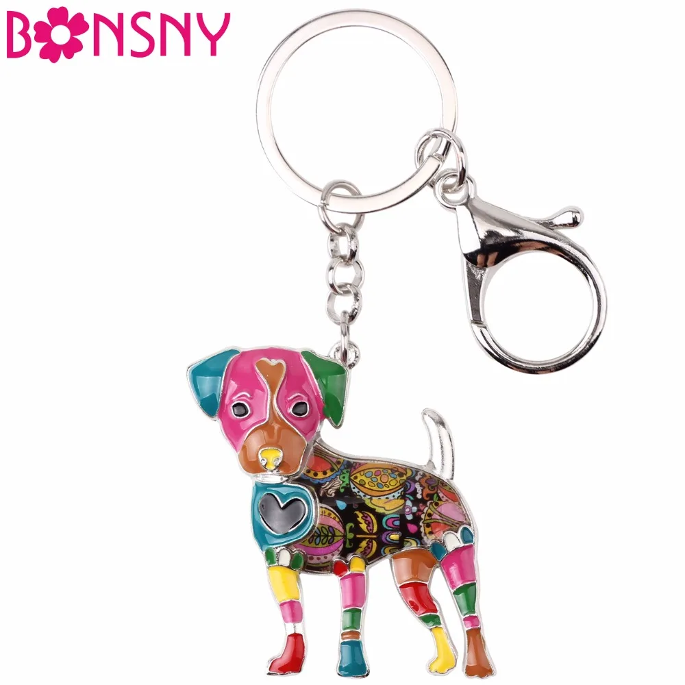 

Bonsny Enamel Jack Russell Dog Key Chain Key Ring Pom Gift For Women Girl Bag Pendant 2017 Charm Keychain Fashion Animal Jewelry