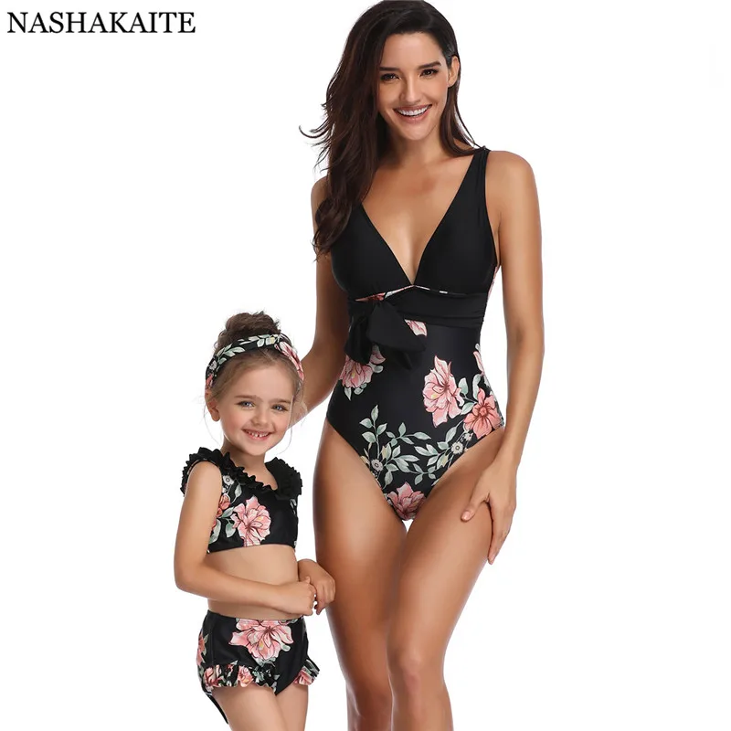NASHAKAITE/купальный костюм для мамы и дочки; летний купальный костюм с глубоким v-образным вырезом на талии и бантом; одинаковый купальник для мамы и дочки