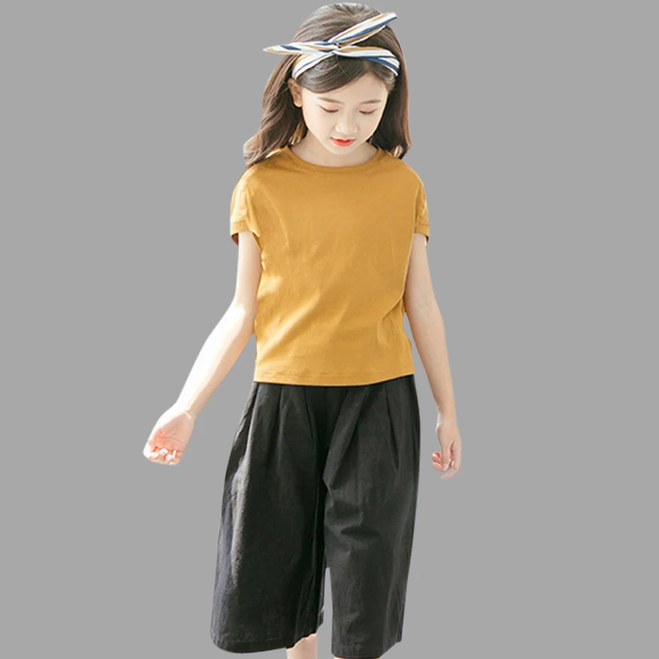 

Children's Clothing Summer Teenage Girls Clothing Cotton Solid Shirt+Pants 2 Pcs Teen Costumes For Girls 3 4 6 8 10 12 Yaers