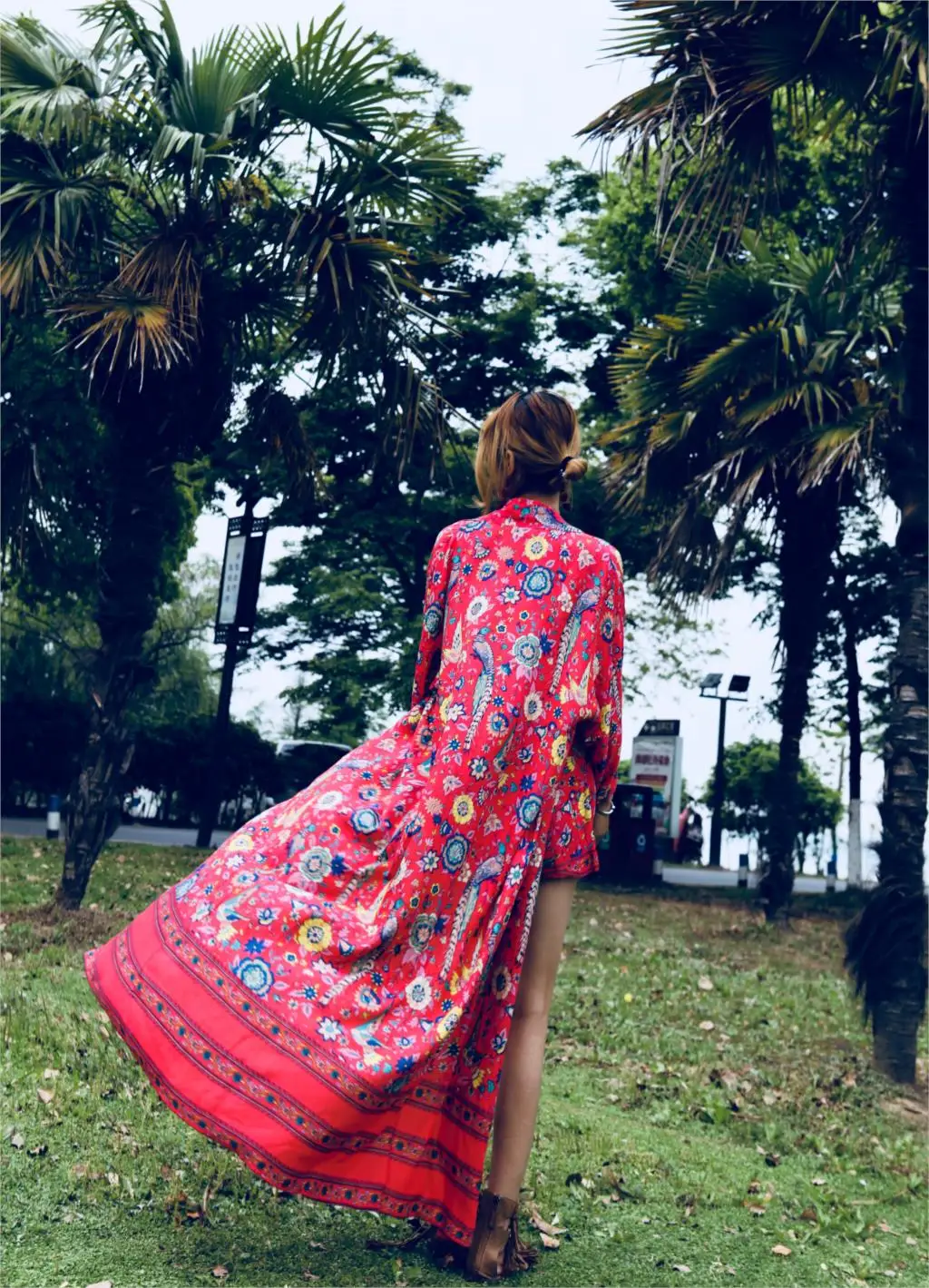 

Lovebird Floral Print Red Long Kimono Boho hippie chic Casual Beach Cardigan Women Jacket Top batwing Sleeve Loose Holiday