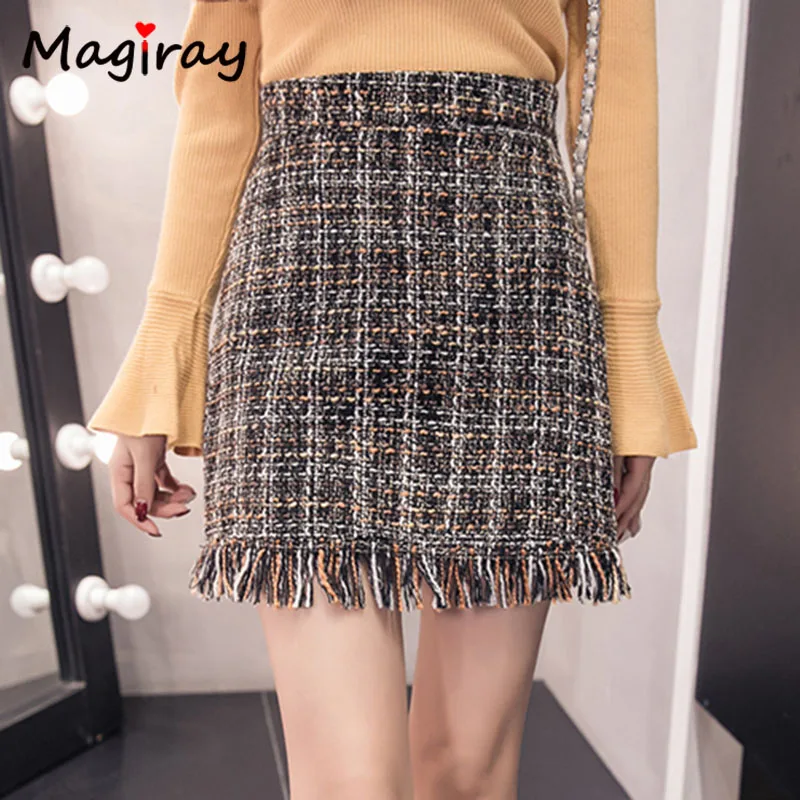 Твидовая трапециевидная Корейская мини-юбка с высокой талией, Женская облегающая юбка в клетку с кисточками, новинка, элегантная женская повседневная юбка C482 - Цвет: khaki