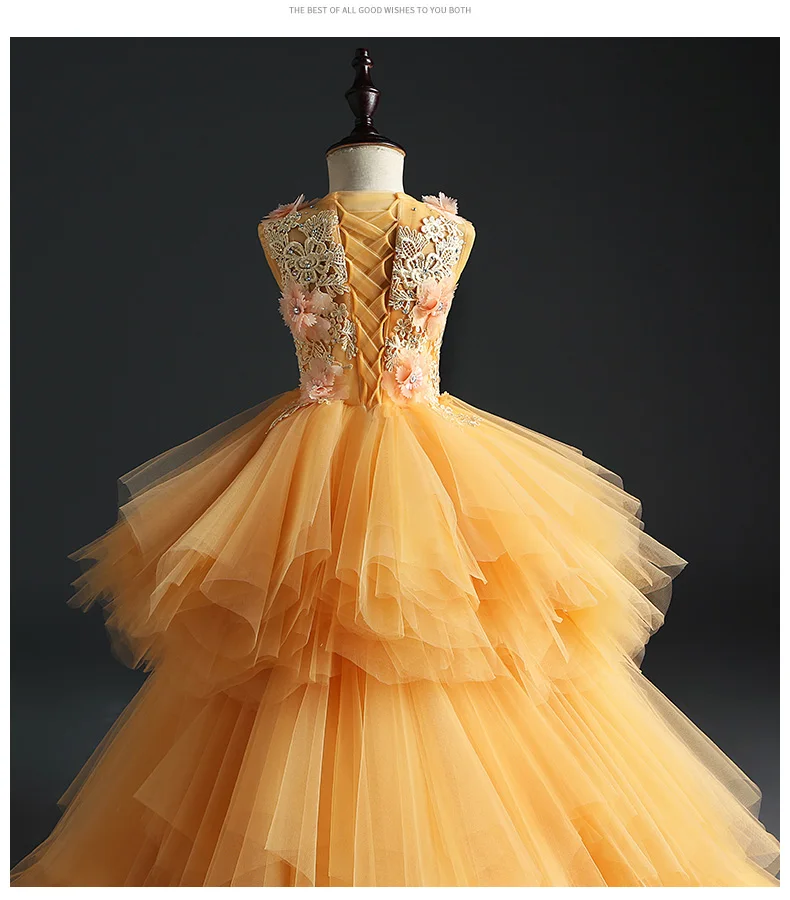 Vestido para o Casamento de Ouro Vestido de Primeira Vestido de Festa Vestido de Baile Elegante Longo Arrastando Flor Meninas Floral Tutu Crianças Pageant Comunhão 6 High Quality Mamãe e Bebê