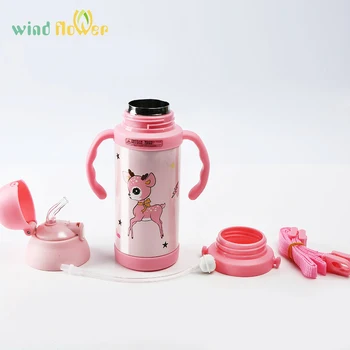 

Wind flower Kids Water Bottle 380ml Rope And Handgrip Interchangeable Dual-use Cartoon Stainless Steel Vacuum Straw Bottle