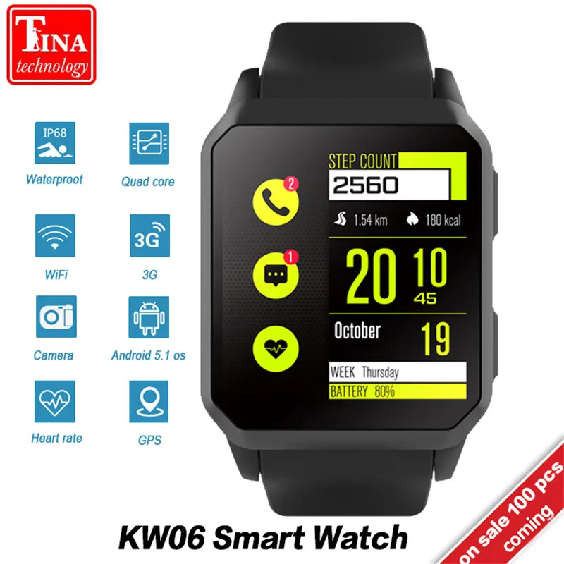 

Original KW06 Smart Watch men Heart Rate Monitor Bluetooth Android 5.1 Wrist Phone MTK6580 512MB+8GB Smartwatch for Android iOS