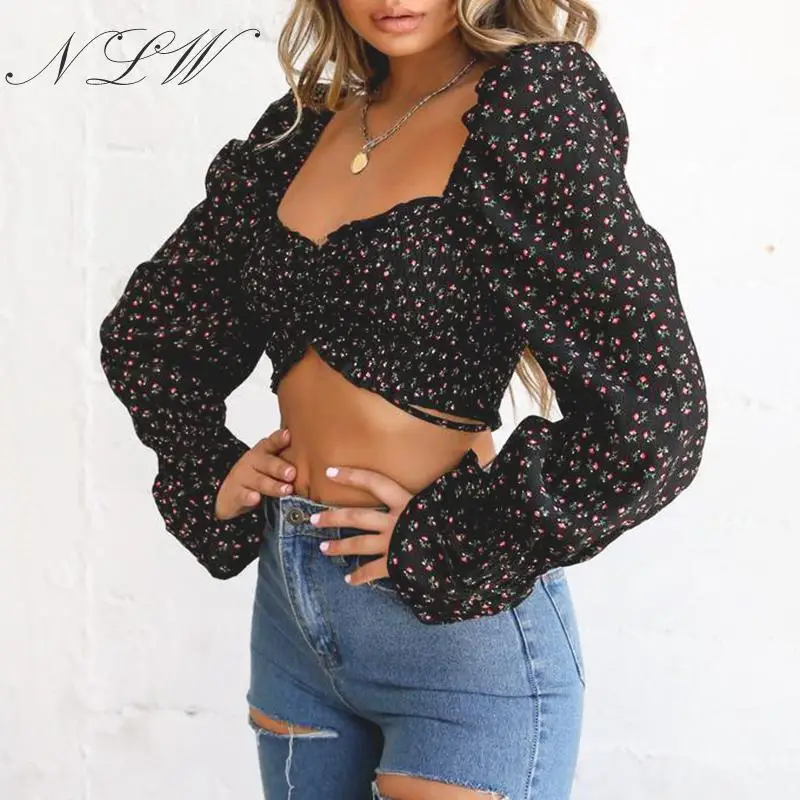 NLW خمر زهرة طباعة شيك Bloses قمم النساء مثير الدانتيل يصل المحاصيل أعلى الخريف الشتاء كم طويل مطاطا الأسود قمصان blusa موهير