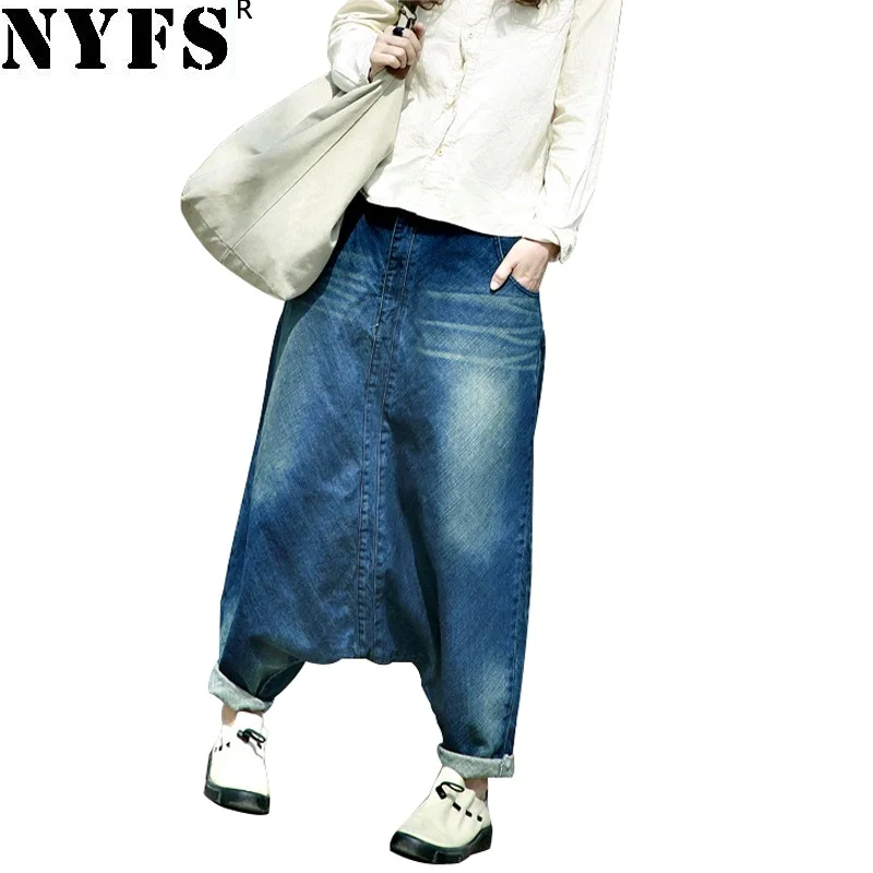 

NYFS 2019 New Summer Women jeans loose Vintage elastic waist Bloom pants Personality Denim Nine Trousers