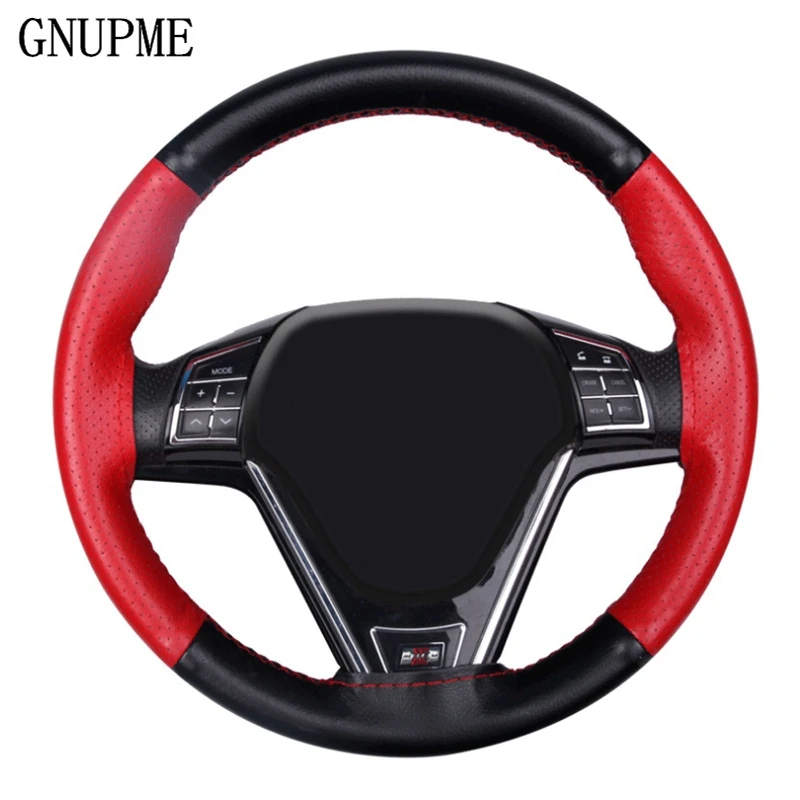 Black+Red Genuine Leather DIY Car Steering Wheel Cover W/ Needles &Thread Solid