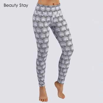 

Beauty Stay Women Leggings High Waist Geometric Digital Printing Polyester Knitted Push Up Fitness Female Elastic Slim Pants