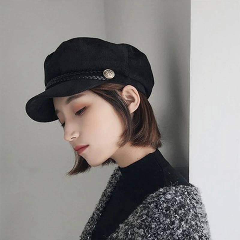 Весенняя женская Вельветовая Кепка Newsboy, британский стиль, Модный молодежный изогнутый берет, универсальная черная восьмиугольная шляпа художника HC17