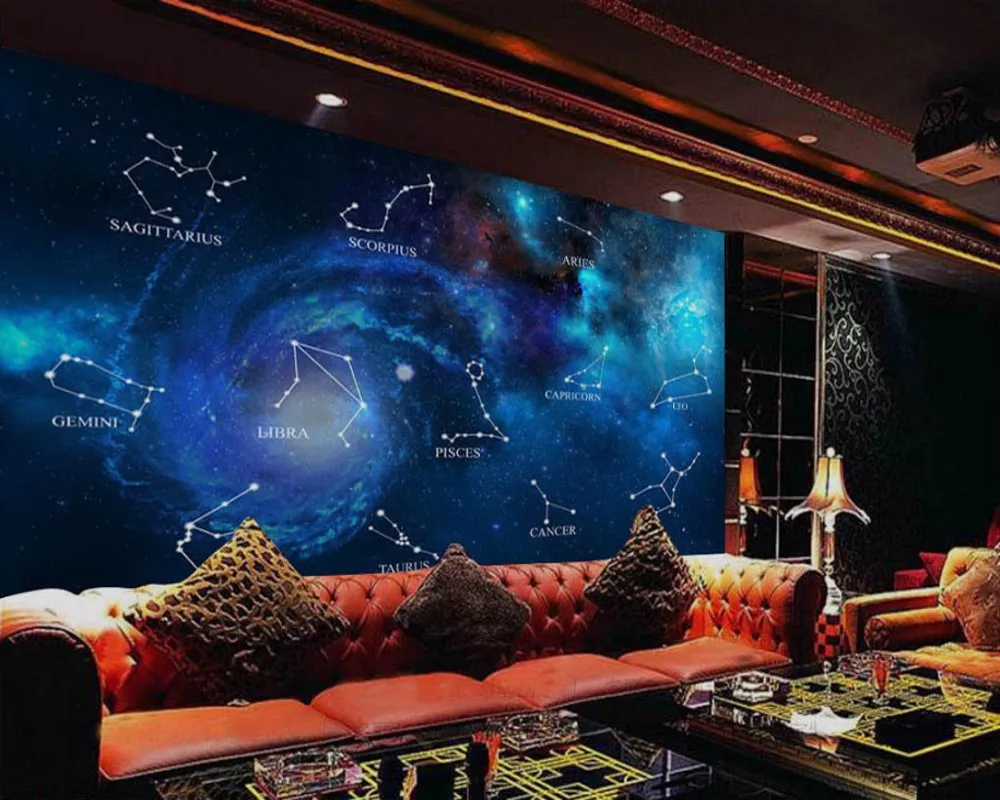 

Free shipping Custom Wallpaper Mural 3D Blue Star Twelve Constellation Bar KTV TV Background Wallpaper Living Room 3d Wallpaper