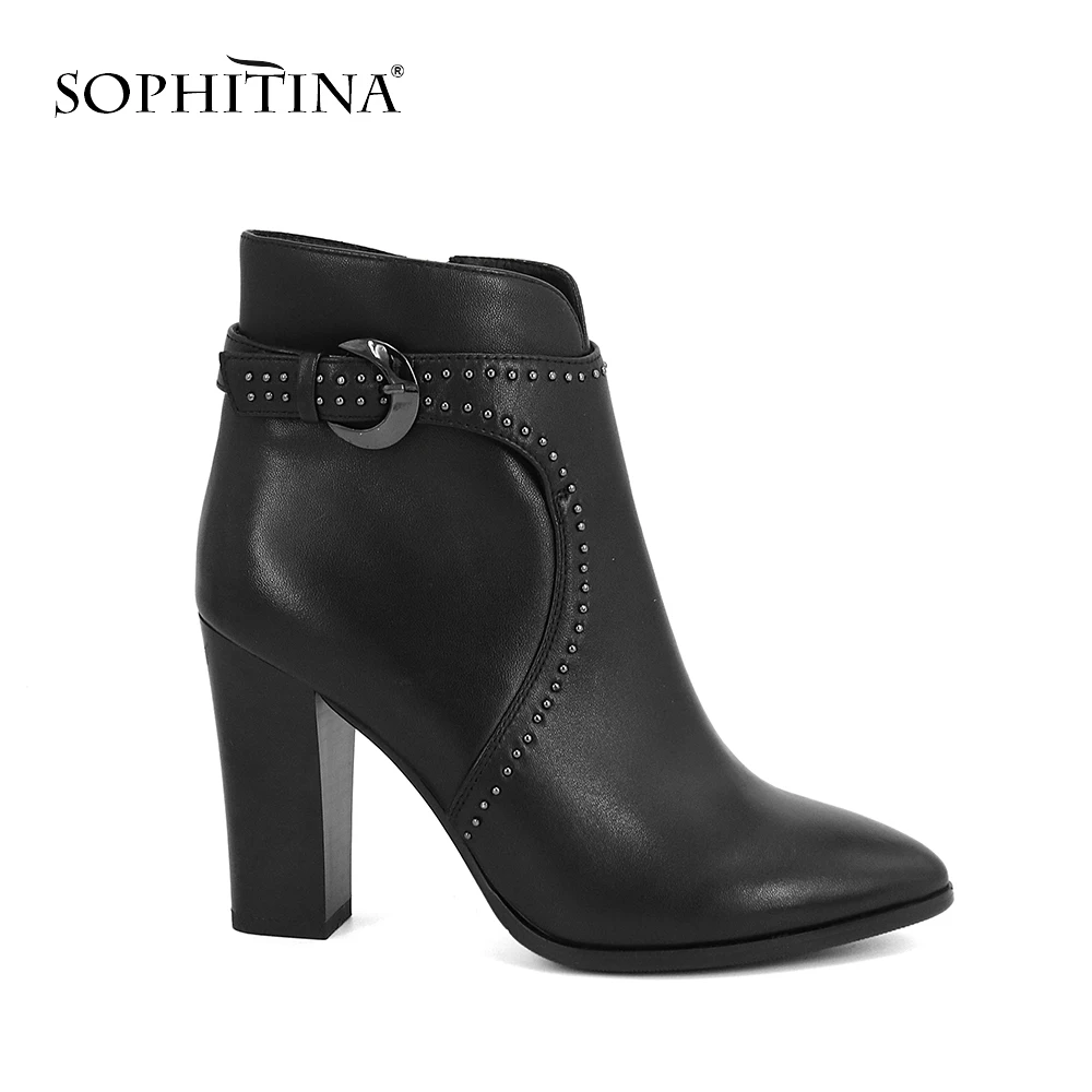 SOPHITINA/Элегантные качественные кожаные ботинки из овечьей кожи; ботинки с острым носком на молнии с пряжкой; модные ботинки ручной работы с пряжкой на квадратном каблуке; M87