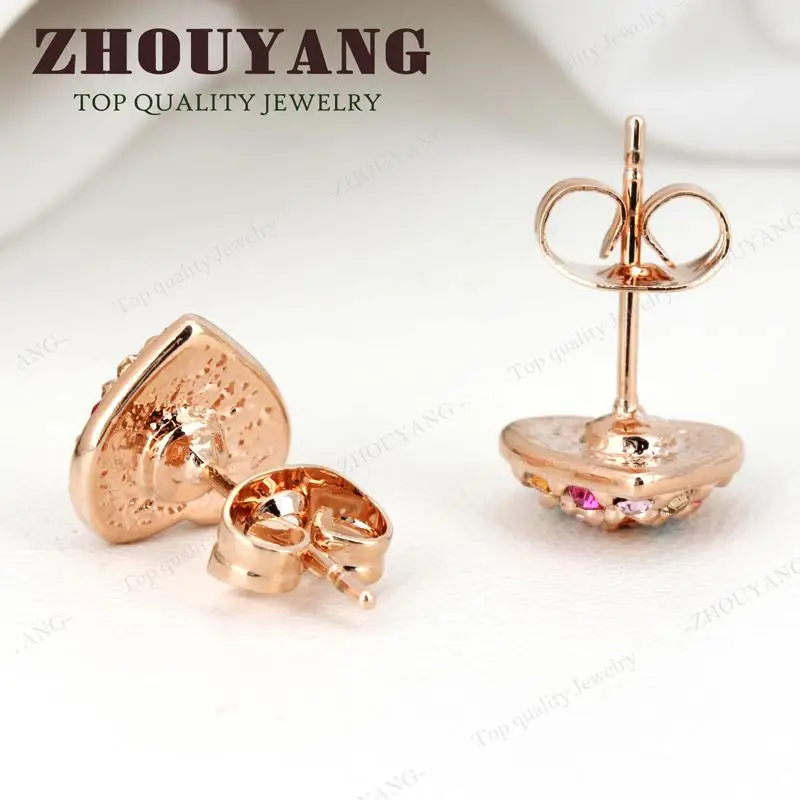 ZHOUYANG Top Quality Multicolour Heart Rose Gold Color Stud Earrings Genuine Austrian Crystal Wholesale ZYE012