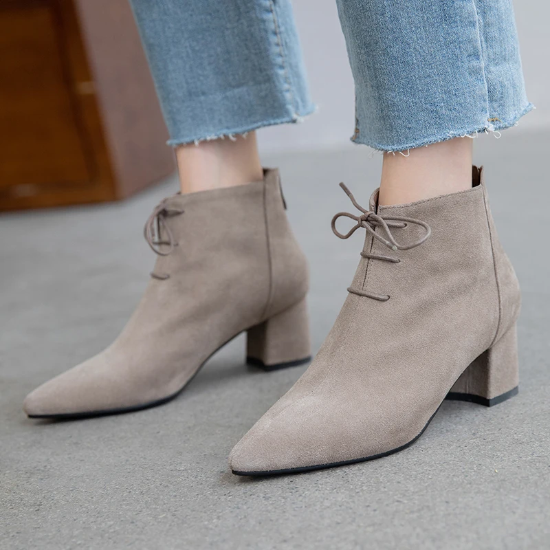 

INS hot women Ankle boots Genuine Leather 22-25 cm length Cow suede Pointed toe Zipper booties ankle boots for women rain boots