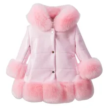 Куртка для девочек из искусственной кожи в стиле пэчворк; куртка с воротником из искусственного меха лисы; Пальто Зимняя утепленная верхняя одежда принцессы детская одежда для От 3 до 12 лет