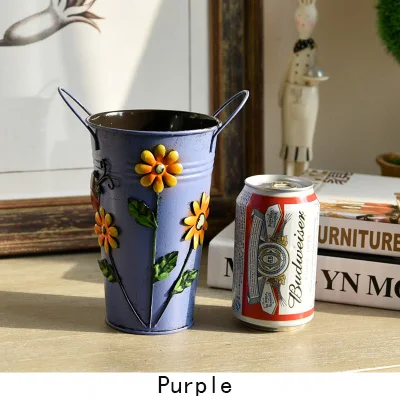 Purple Горячая винтажное оцинкованное, металлическое железо цветок потертая ваза горшок Бочкообразное Кашпо Украшения Сада - Цвет: Purple