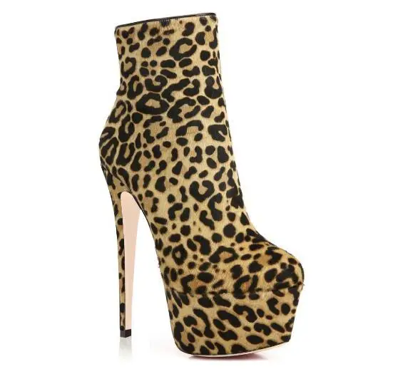 

Spring and fall woman leopard pattern high platform high heel round toe ankle boots Ladies super high thin heel short boots