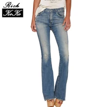 Richkoko apparel mujeres casual pantalones de talle bajo estilo apenado jeans azul sólido bolsillos con cremallera streetwear flare jeans