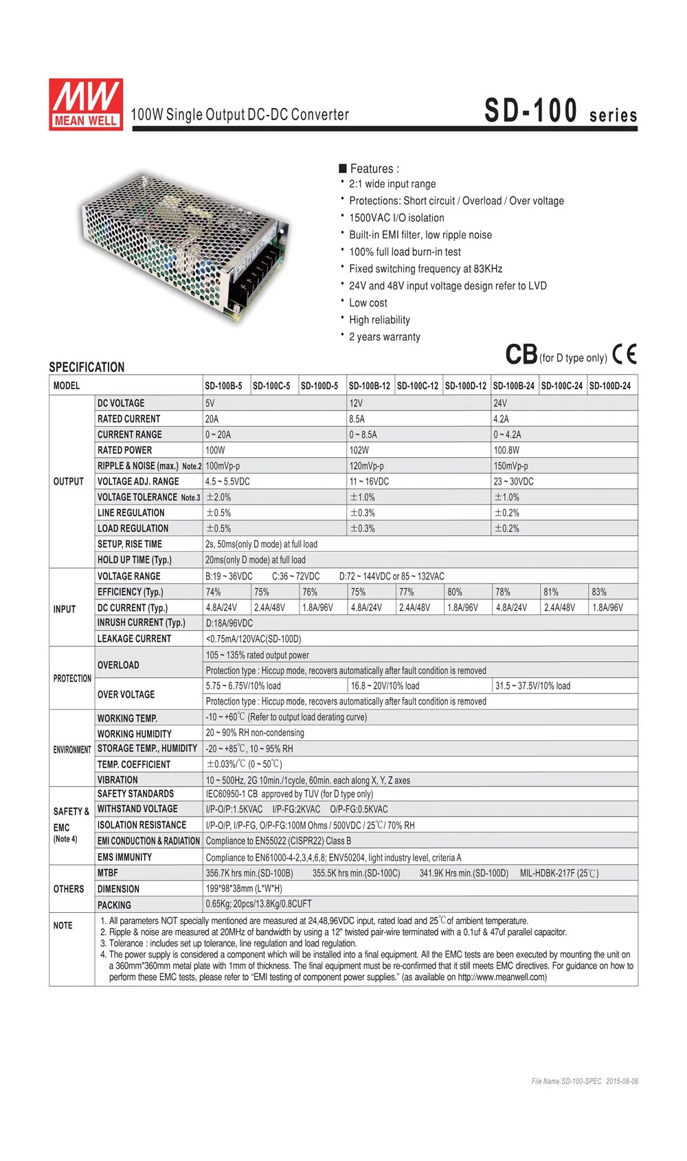 Оригинал MEAN WELL 100 W SD-100B-12 один Выход 100 W 8.5A 12VDC Вход 19 ~ 36VDC Питание закрытый тип DC-DC конвертер