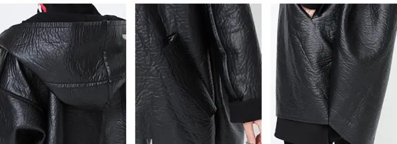 Женские пальто из искусственной кожи с флисом, необычный дизайн, черные повседневные куртки с капюшоном,, женская Свободная верхняя одежда большого размера, топы gx1624