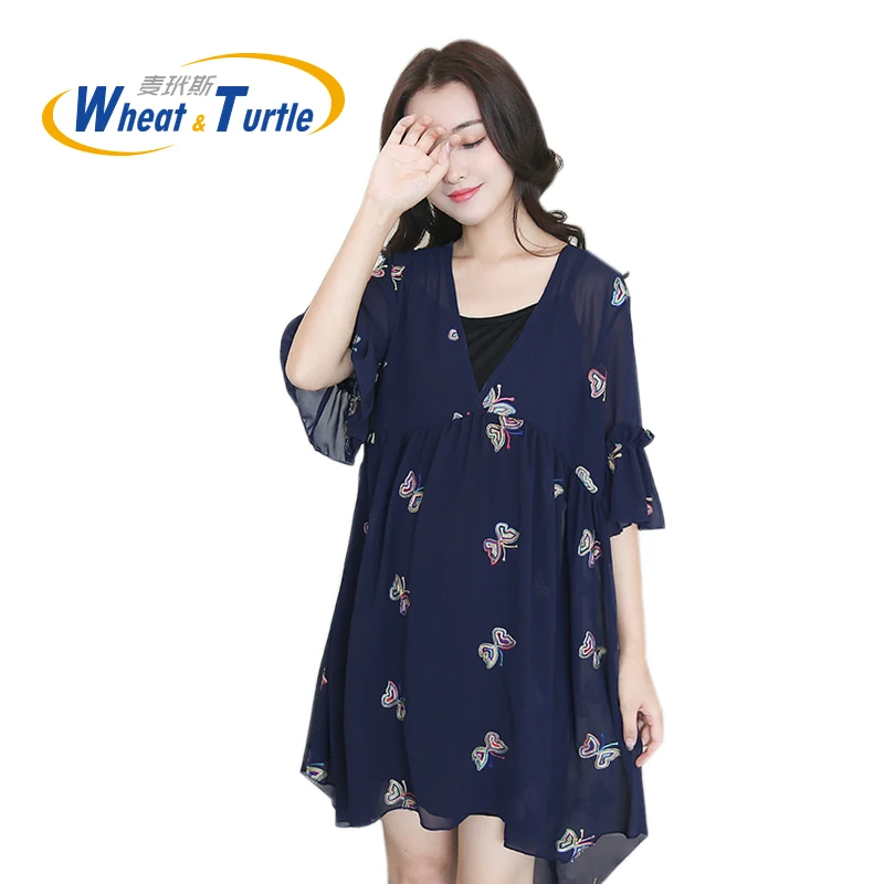 

Mother Kids Maternity Clothing Maternity Dress Summer Half Sleeve Embroidery Butterfly Chiffon Maternity Asymmetrical Mini Dress