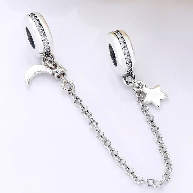 

New 925 Sterling Silver Bead Charm Sparkling Moon & Star With Crystal Safety Chain Clip Beads Fit Pandora Bracelet Diy Jewelry