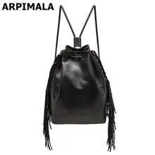 Célèbre Marque Sac À Dos En Cuir Femmes Noir Fringe Sacs D’école De Luxe Gland Back Sac Européenne Style Sacs À Dos pour les adolescentes