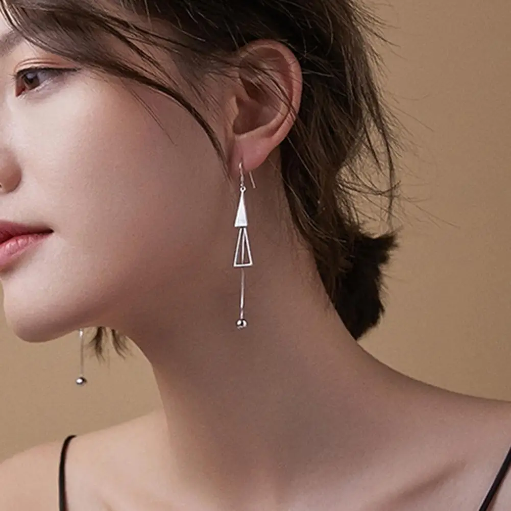 

Hot Women Long Dangle Hook Earrings Double Triangle Tassel Ball Fashion Jewelry Lady Ornaments Gift