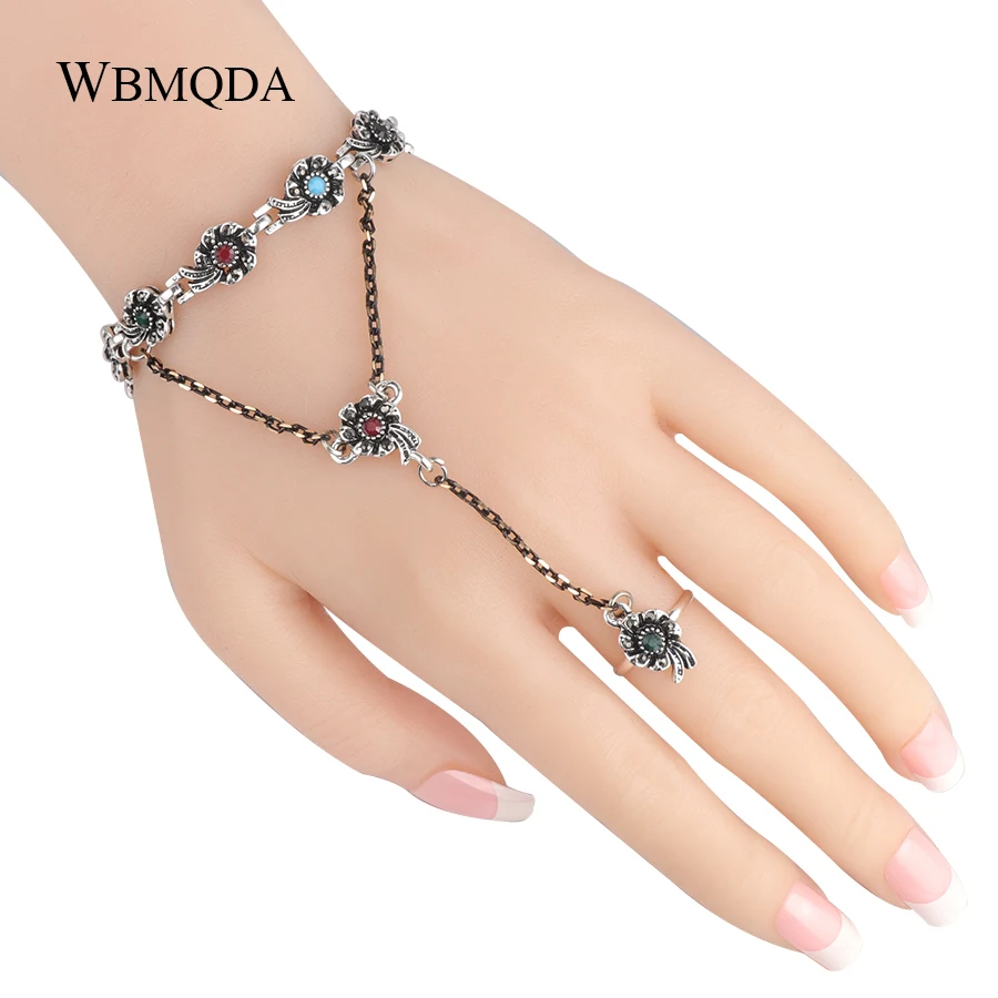 Wbmqda богемные хрустальные цветочные браслеты кольцо из звеньев для женщин античный серебряный цвет винтажные этнические наборы ювелирных