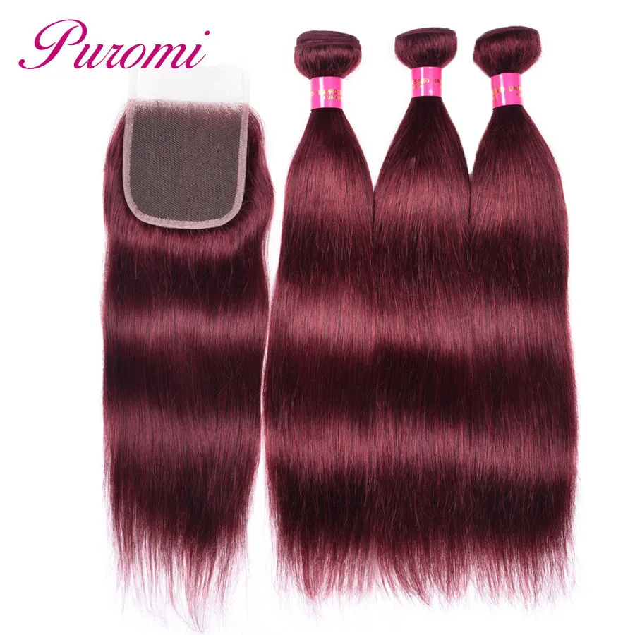 Puromi Малайзии прямые волосы 3 Связки с 4*4 синтетическое закрытие шнурка волос цвет красного вина чистый 99j # не Remy 100% человеческие