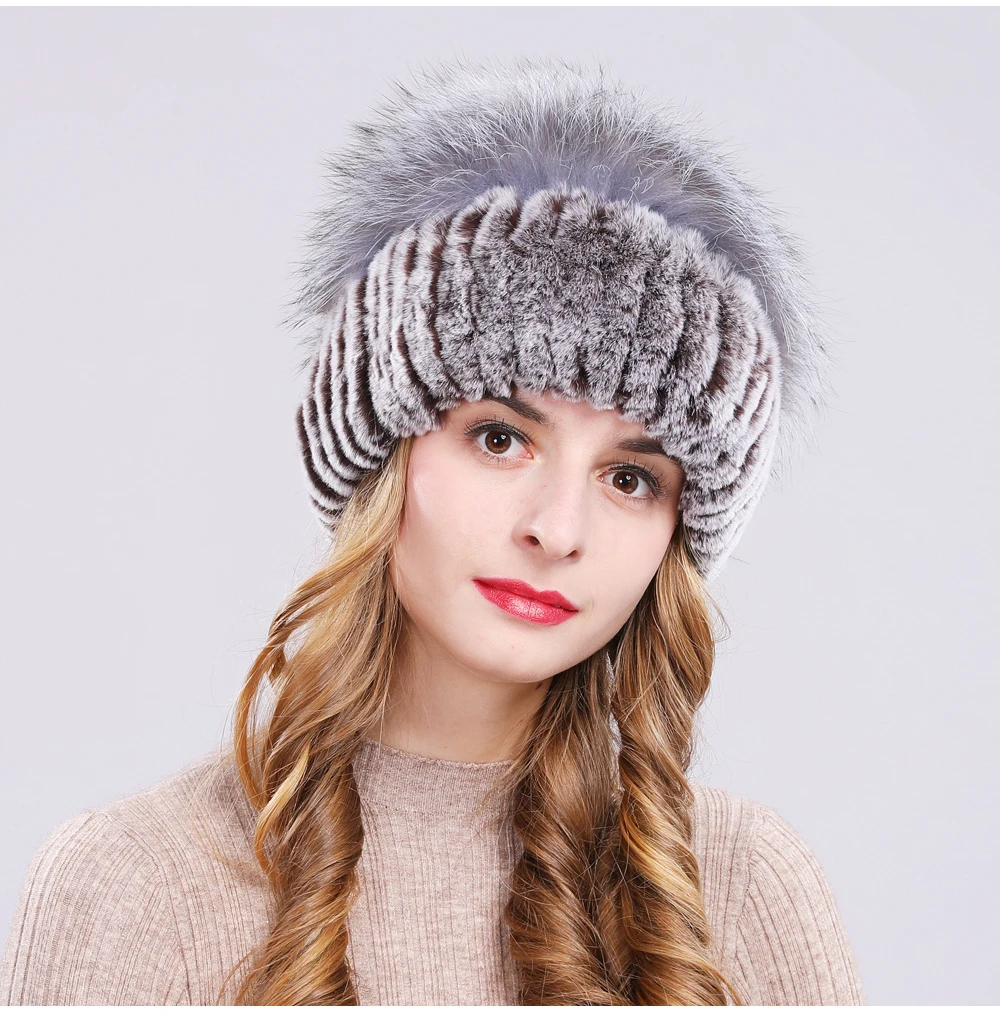 Outdoor Women Warm Soft Genuine Rex Rabbit Fur Hat Knitted Natural Real Sliver Fox Fur Caps Winter Real Rabbit Fur Beanies Hats