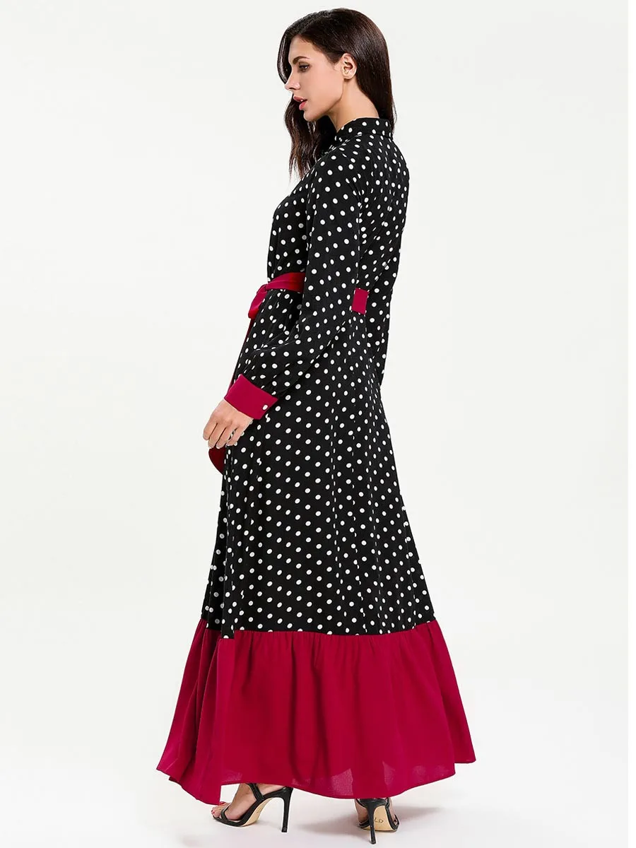 Мусульманский Абаи платье в стиле пэчворк, узор в горошек, длинное платье с поясом, с отложным воротником, длинный кардиган в турецком
