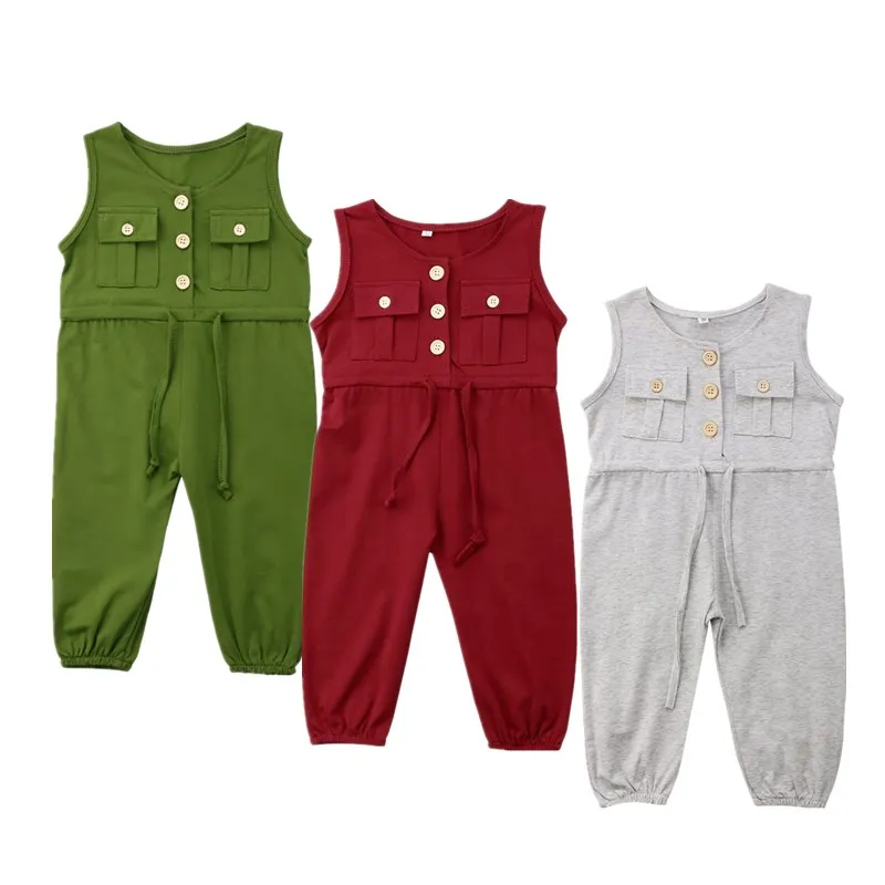 

Toddler Kids Baby Girl Summer Romper Cotton Pockets Buttons Playsuit Sunsuit Girls Bandage One-Piece Clothes Overalls Rompers