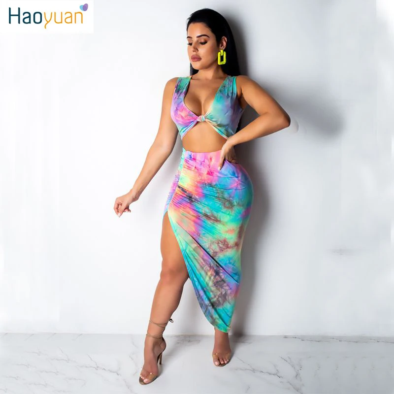 

HAOYUAN Tie Dyeing Sexy Two Piece Set Sexy Deep-V Neck Sleeveless Crop Top+Side Split Skirt Matching Sets Women 2 Pieces Outfits