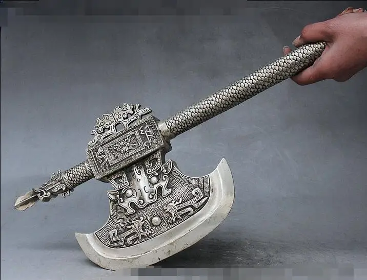 19&quot Ancient China Silver Dragon Lion Beast Hand Shank Weapon Axe Hatchet Statue | Дом и сад