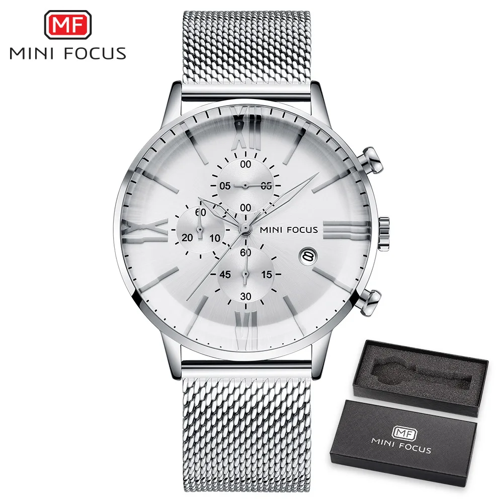 Мини фокус модные повседневное мужские часы кварцевые часы водостойкий бизнес многофункциональный хронограф с сетчатым ремешком Relogio Masculino - Цвет: BOX SILVER
