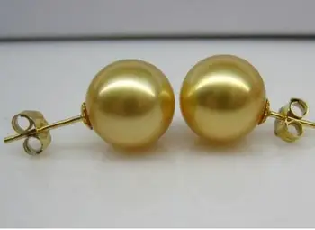 

free shipping>>>>noble jewelry charming 9.5-10mm natural Australian south sea golden pearl earrings 14k