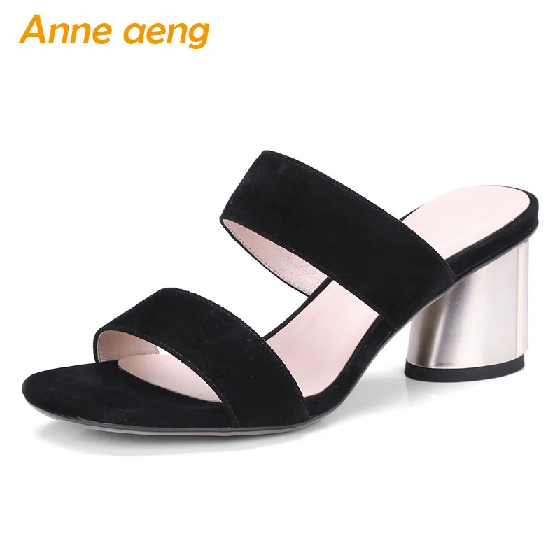 

2019 New Summer Genuine Leather Outside Women Slippers High Square Heel Sexy Ladies Women Kid Suede Shoes Black Mules Slides