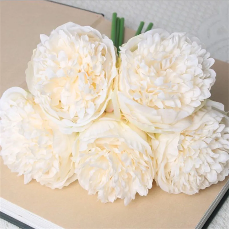YO CHO 5 шт. большой пион искусственный Шелковый цветок Свадебный букет декоративный белый пион домашний дисплей поддельный цветок пакет сердце Пион розовая роза - Цвет: beige white