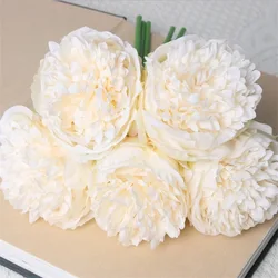 Elegant 5-Piece Peony and Rose Artificial Silk Flower Bouquet - White and Pink Decor (Beige white)