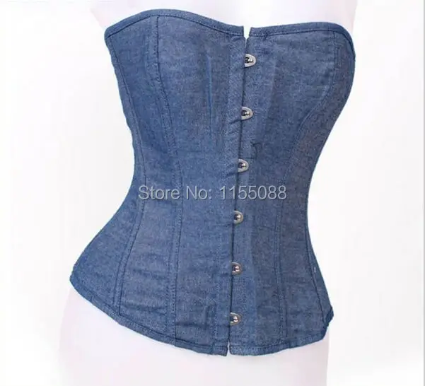

10pcs/lot Jeans Corselet Women Clothing Sexy Blue Denim Corset With Lace Thong Corset Tops To Wear Out