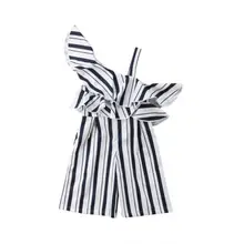 Крутые детские комбинезоны для девочек, гофрированная Роба в полоску, Детская летняя одежда для малышей, стильные комбинезоны с лямками на одно плечо для девочек