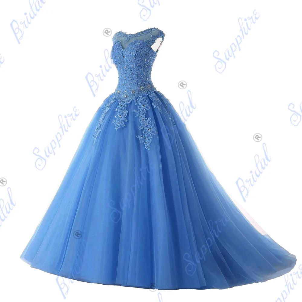 BLF-117 Сапфировые Свадебные Длинные вечерние платья Vestido De 15 Anos De cap рукавом Кружева открытой спиной сиреневый мятно-голубой бисером Бальные платья - Цвет: BLF-117