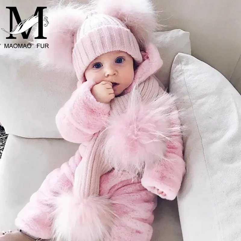 Winter Real Fur Scarf and Hat Set Kids Big Real Raccoon Fur Balls Hat Double Pom Pom Beanies Children Girls Warm Scarf Cap