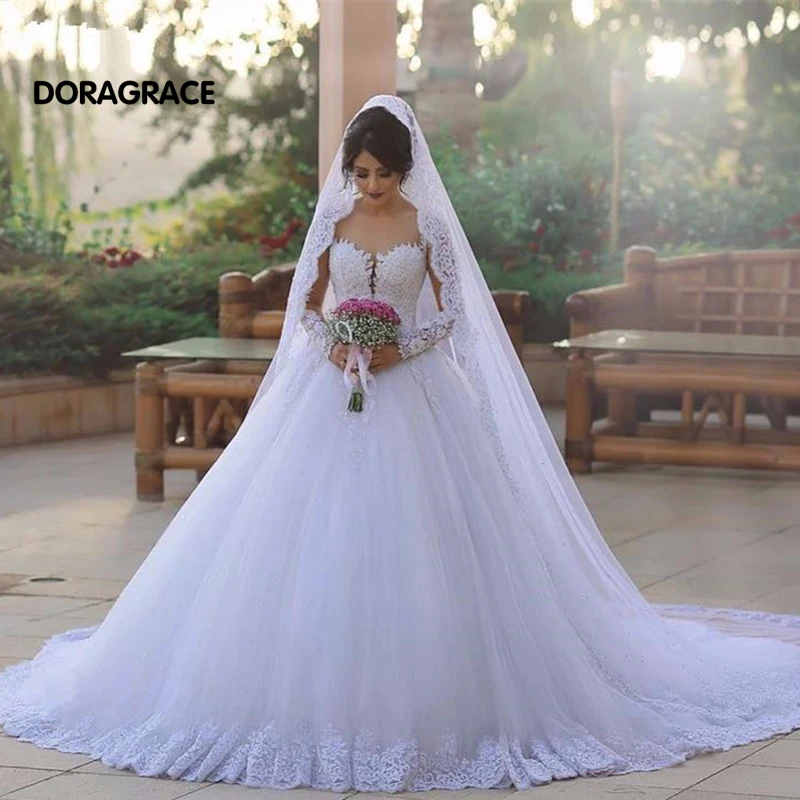

Romantic Long Sleeves Wedding Dresses Applique Tulle Designer Wedding Dress vestido de noiva DG0060