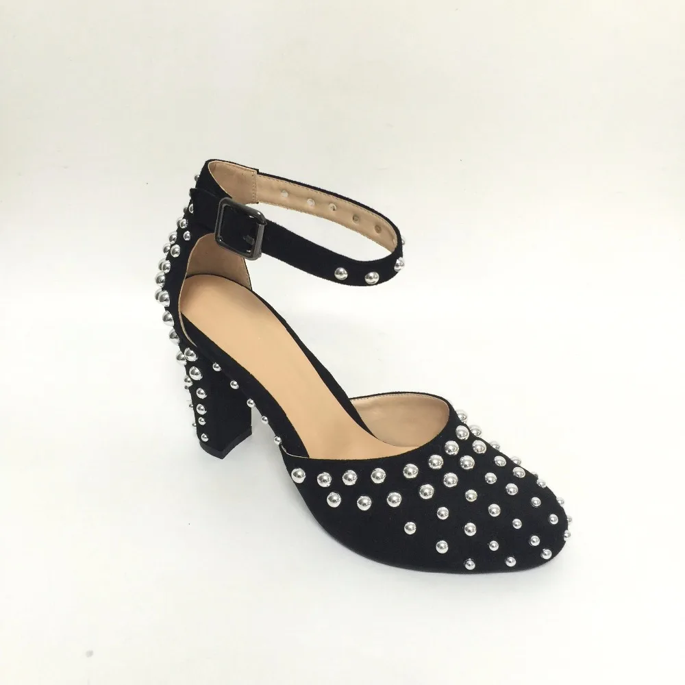 Black Rivets Round Toe Women Pumps Ankle Straps High Heels Spring Evening Party Shoes Women Zapatos Mujer Plus Size Shoe Store