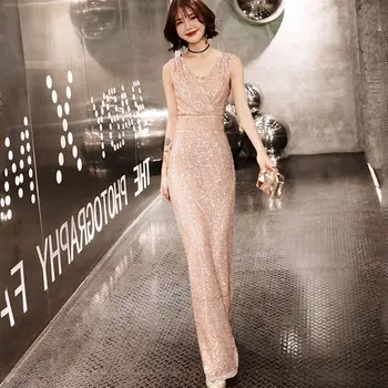 

2019 Luxury Long Sequin Evening Dresses Double V Neck Cheap Evening Gowns Sleeveless Prom Party Formal Dresses LF165