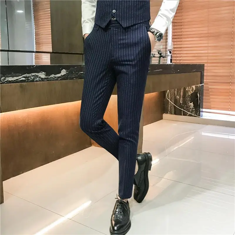 Мужские полосатые брюки для делового костюма в британском стиле/ модные Стрейчевые тонкие брюки высокого качества больших размеров