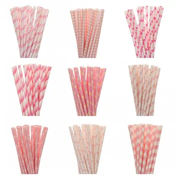 

New 100Pcs (25Pcs/Pkg) 18 Designs Pink Paper Straws For Kids Birthday Wedding Princess party Decoration Cheape Party Supplies.